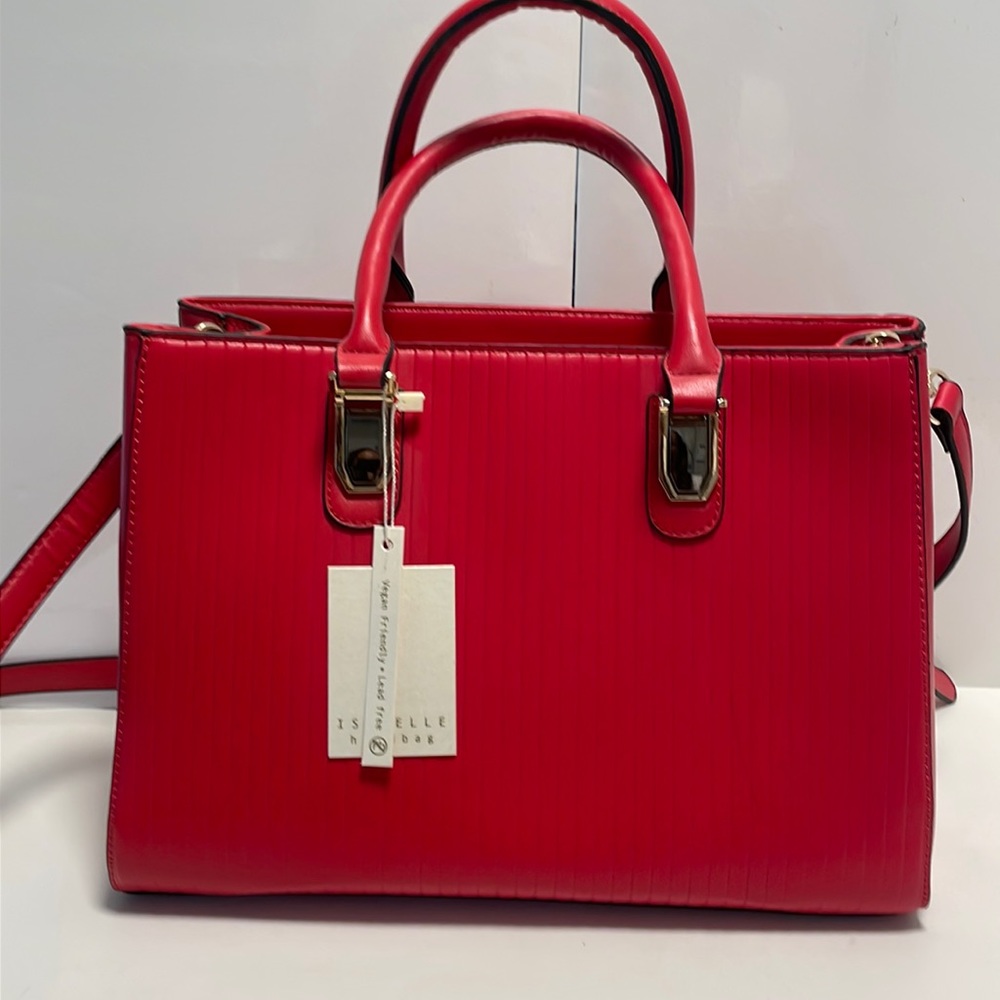 Red 12”x9”x6” Top Handle Vegan Leather Bag ! New